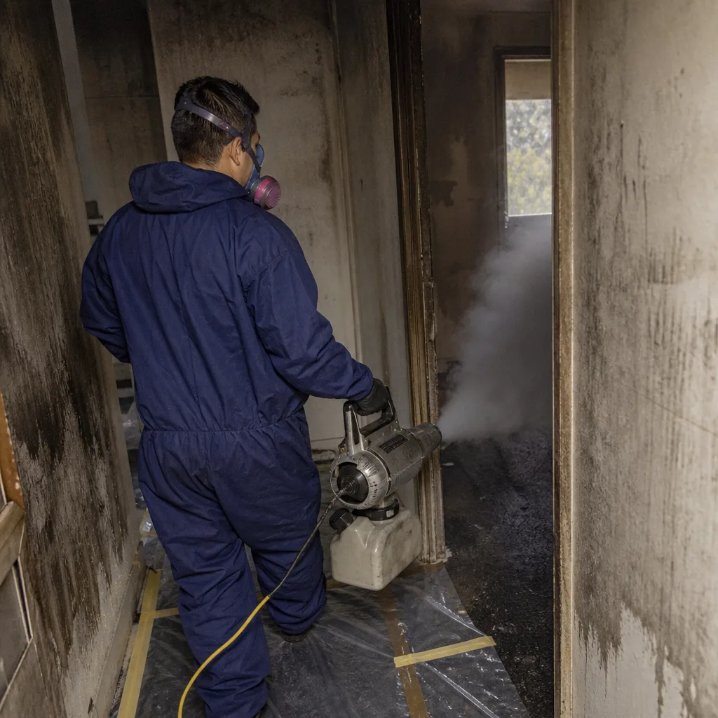 Technician using smoke odor neutralizer fogger in fire damaged home.