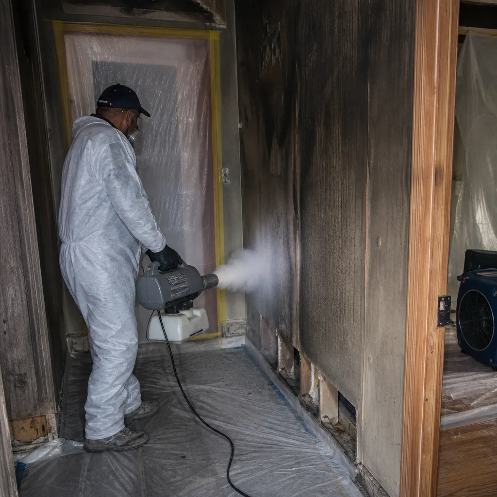 Technician performing fire and smoke damage restoration on wall