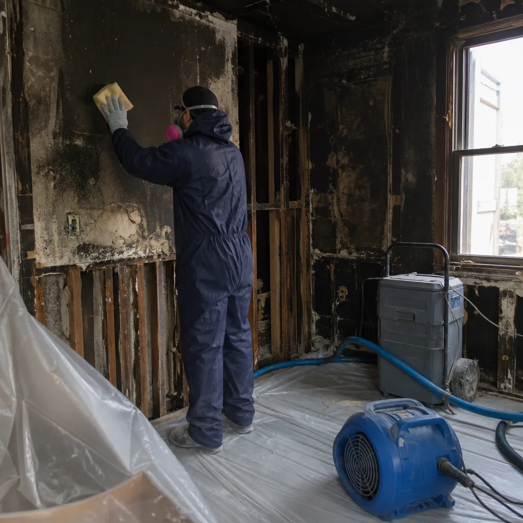 Professional wearing PPE cleaning soot from walls after fire damage.