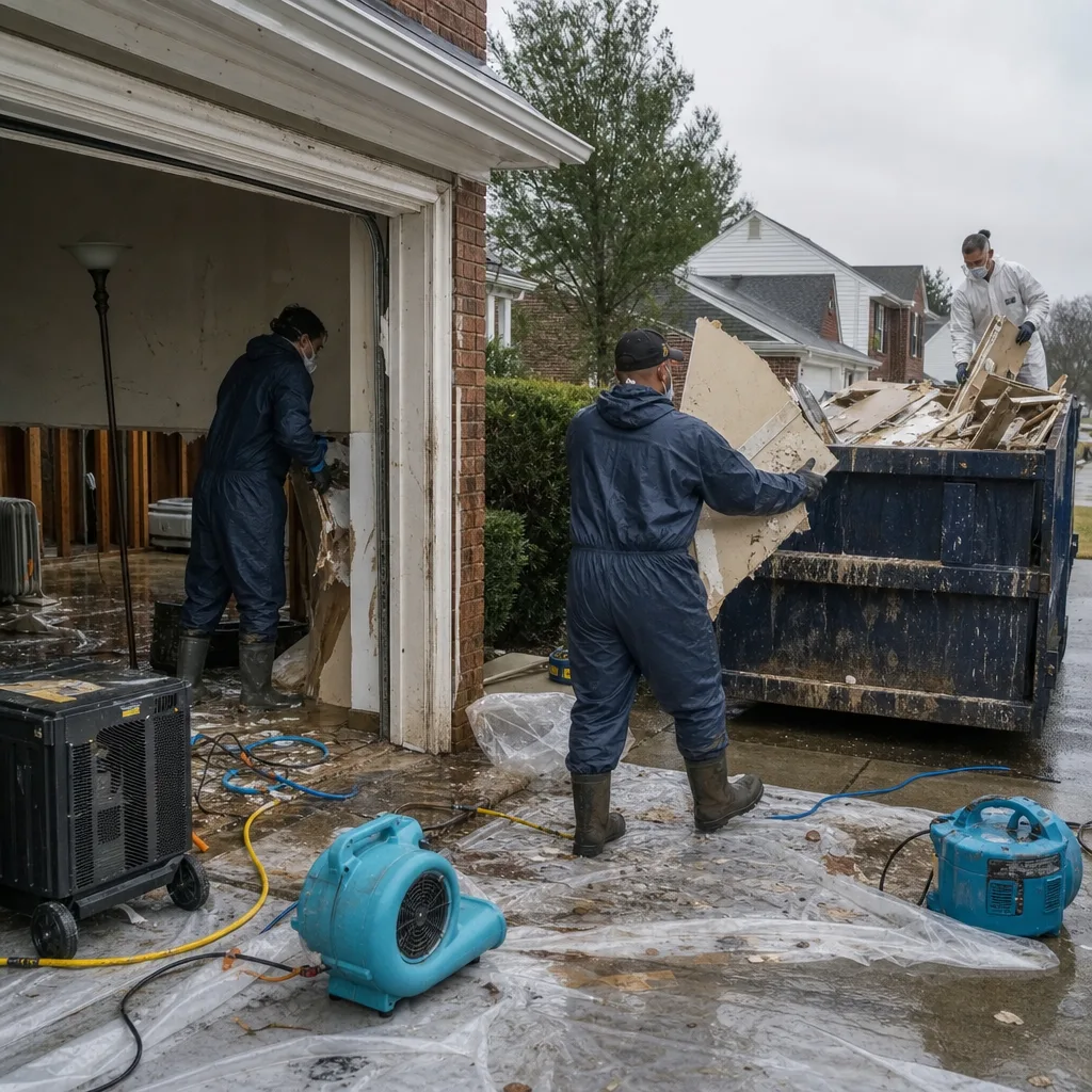 Disaster restoration team removing flood damaged drywall and debris from home
